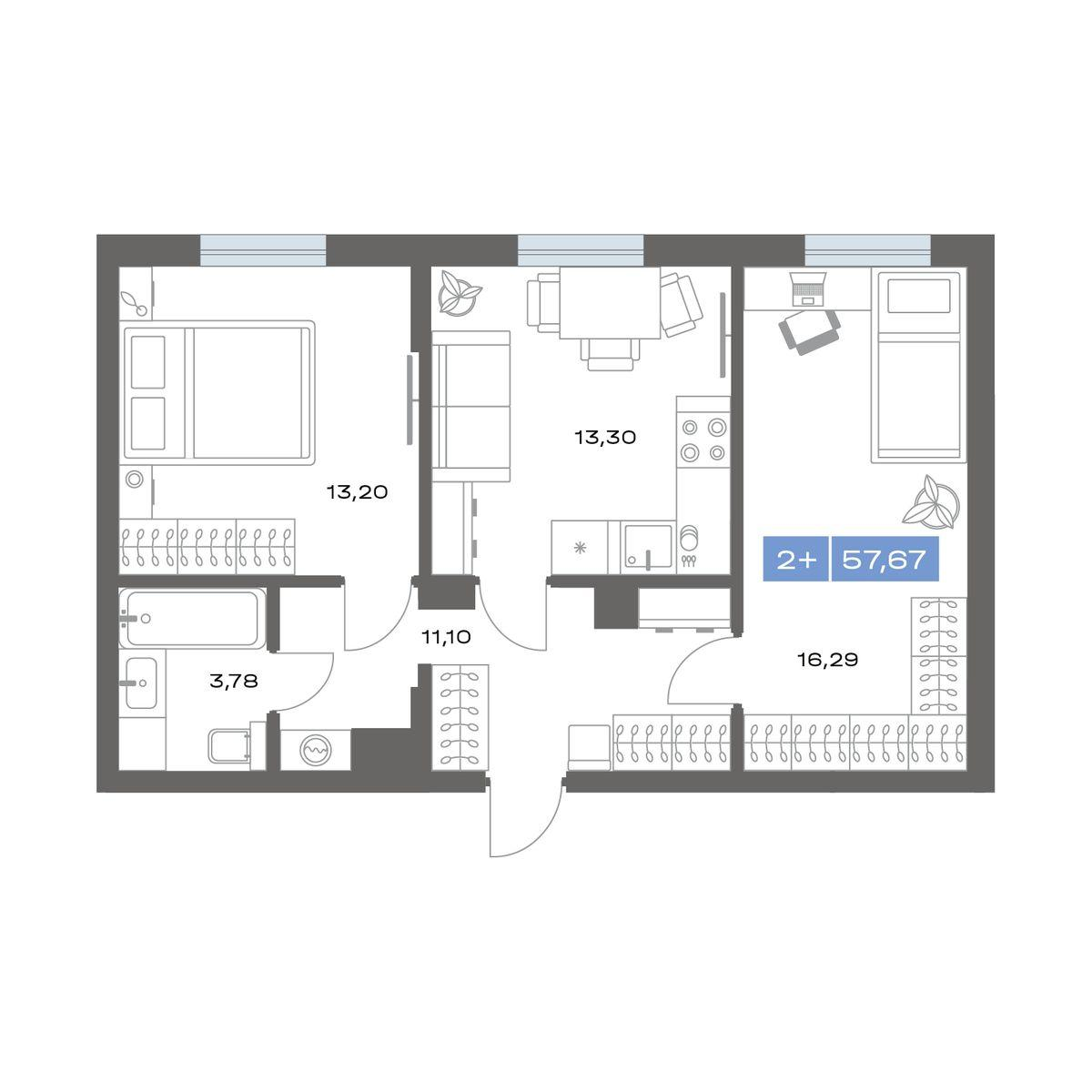 2-комнатная 57 м2 в ЖК Пятнашка корпус null этаж 1