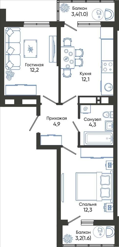 2-комнатная 48 м2 в ЖК Облака корпус null этаж 13