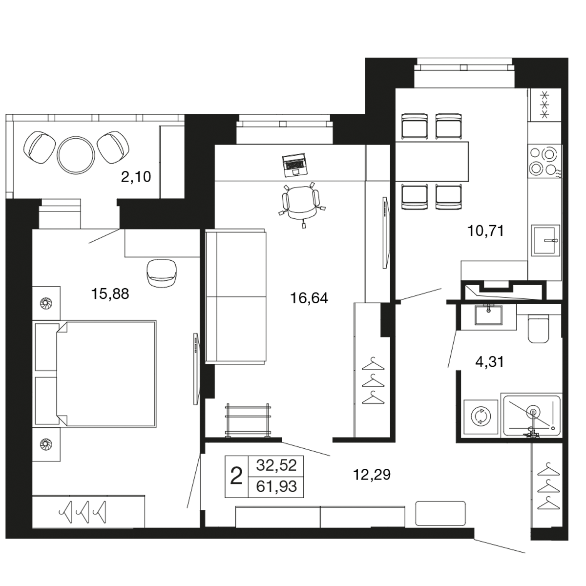2-комнатная 61 м2 в ЖК Времена года корпус null этаж 4