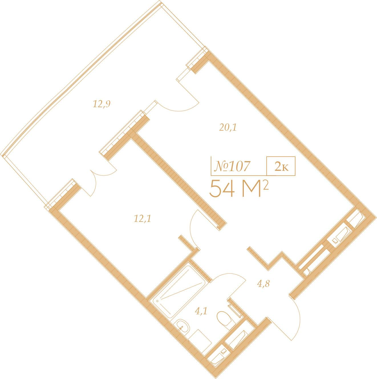 2-комнатная 54 м2 в ЖК Морелло корпус null этаж 9