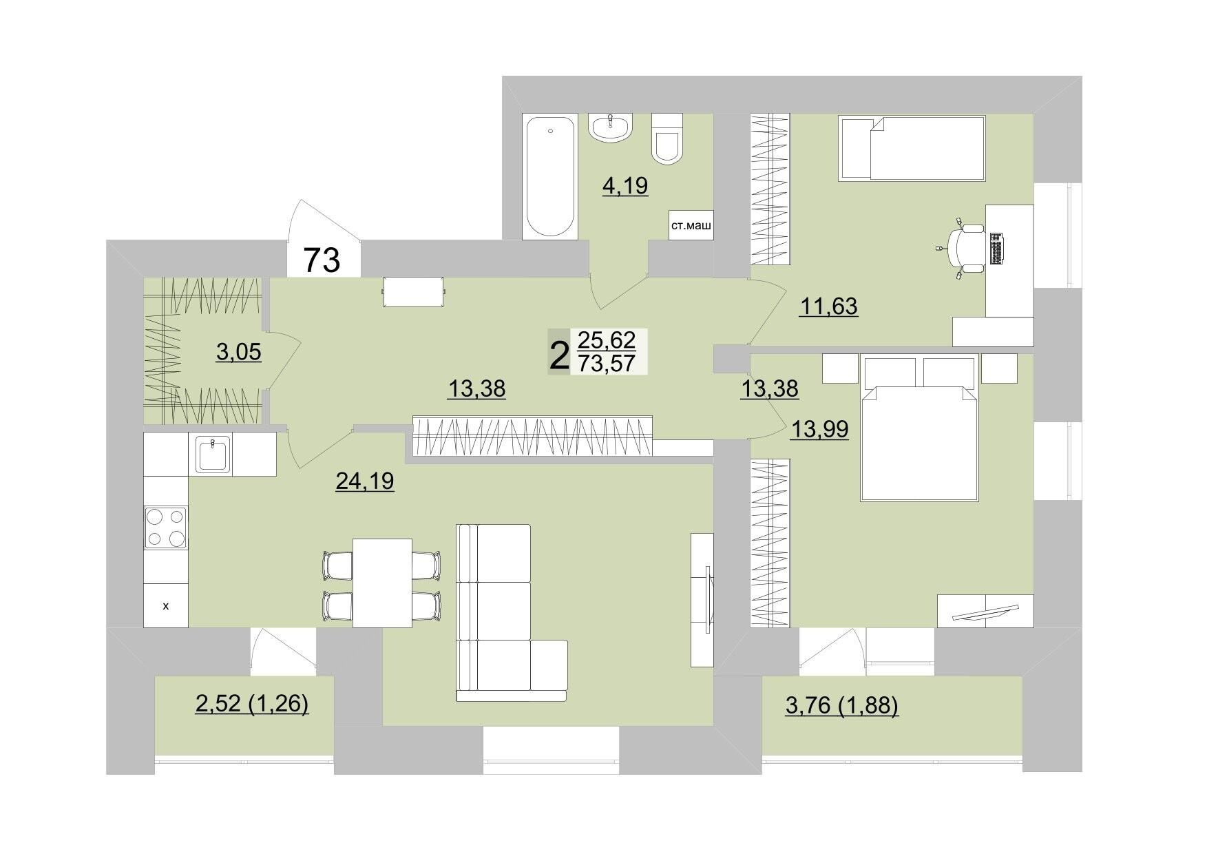 2-комнатная 76 м2 в ЖК Философия Идеалистов на Театральной корпус null этаж 13