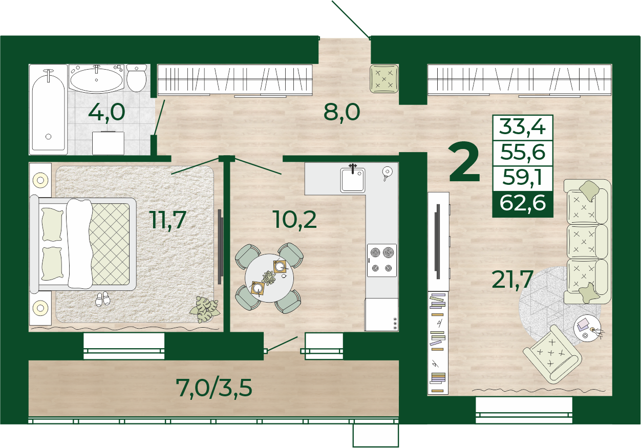 2-комнатная 55 м2 в ЖК Уют-Парк корпус null этаж 14