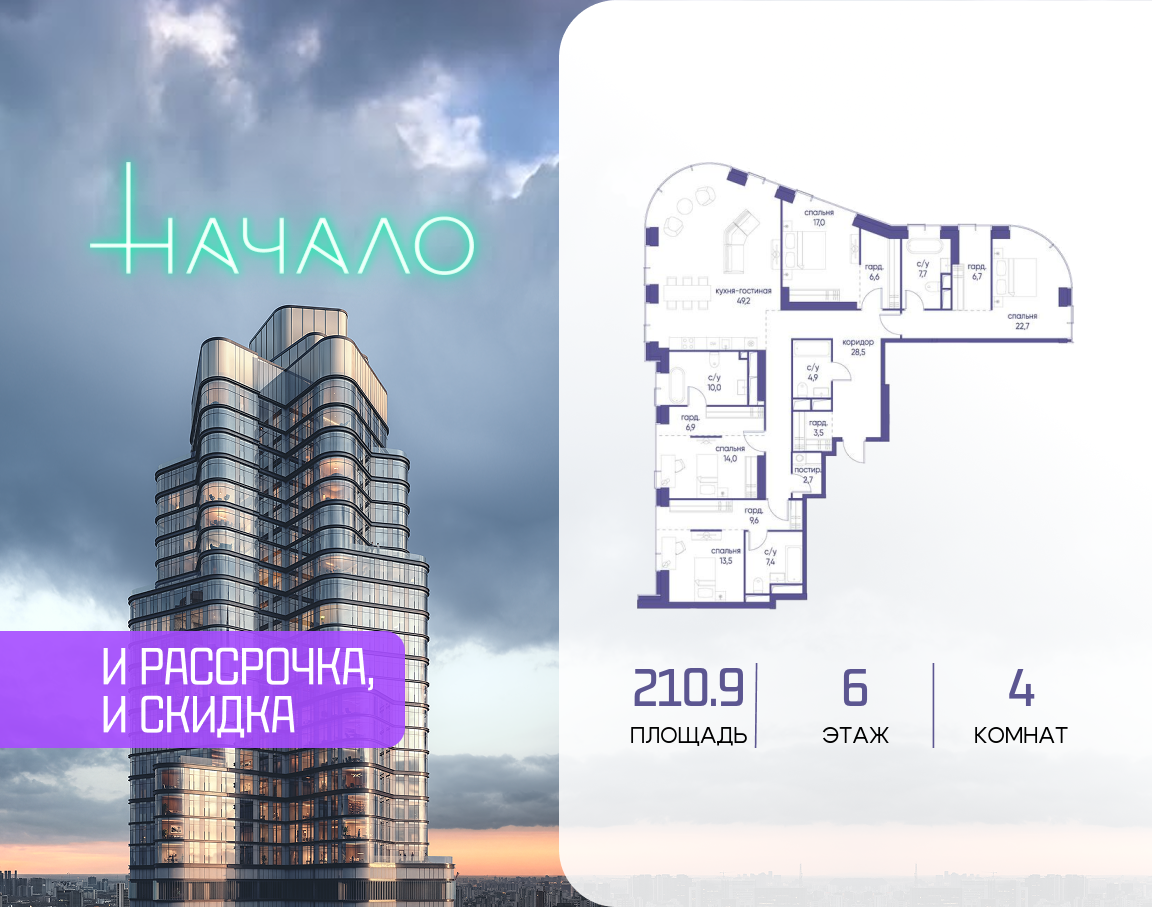 4-комнатная 210 м2 в ЖК Начало корпус null этаж 6