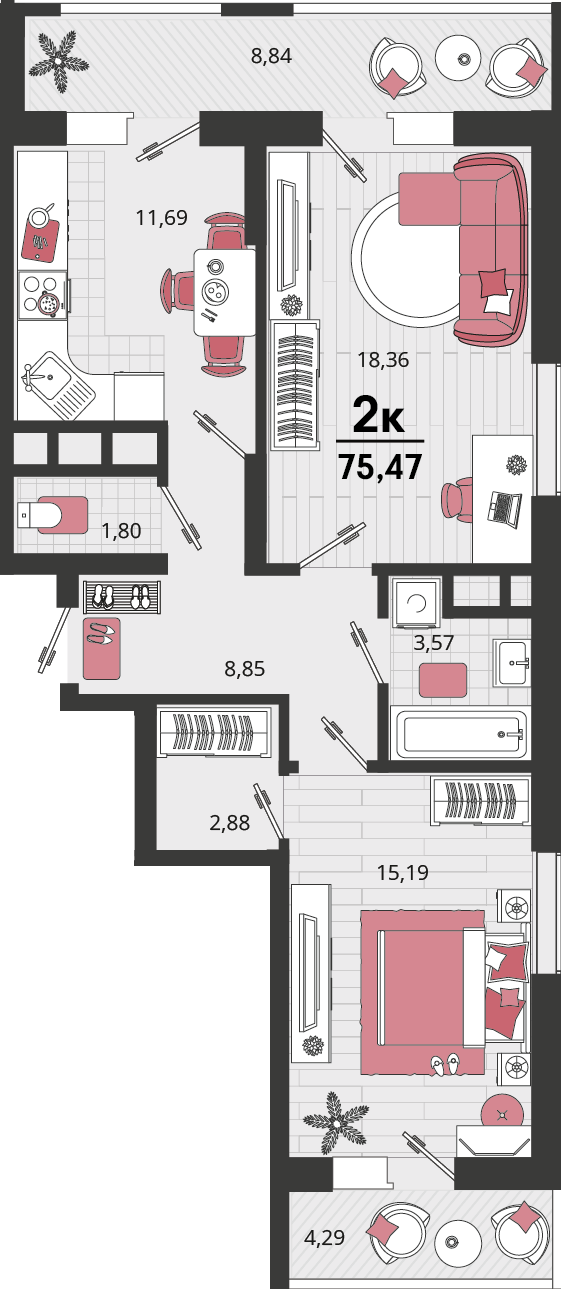 2-комнатная 75 м2 в ЖК Родные просторы корпус null этаж 10