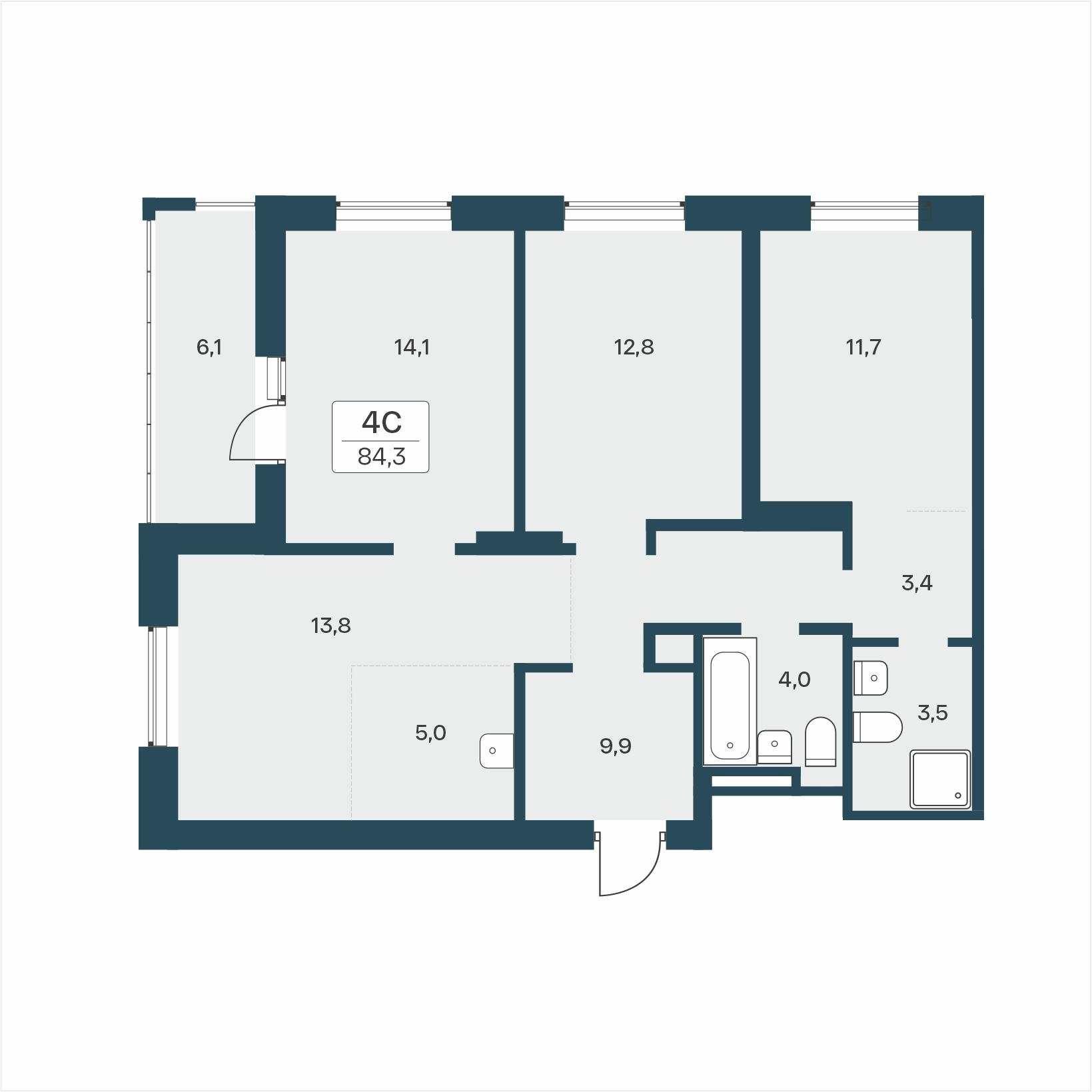 4-комнатная 84 м2 в ЖК Расцветай на Учительской корпус null этаж 12