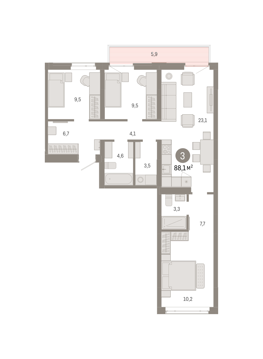 3-комнатная 88 м2 в ЖК Республики 205 корпус null этаж 7