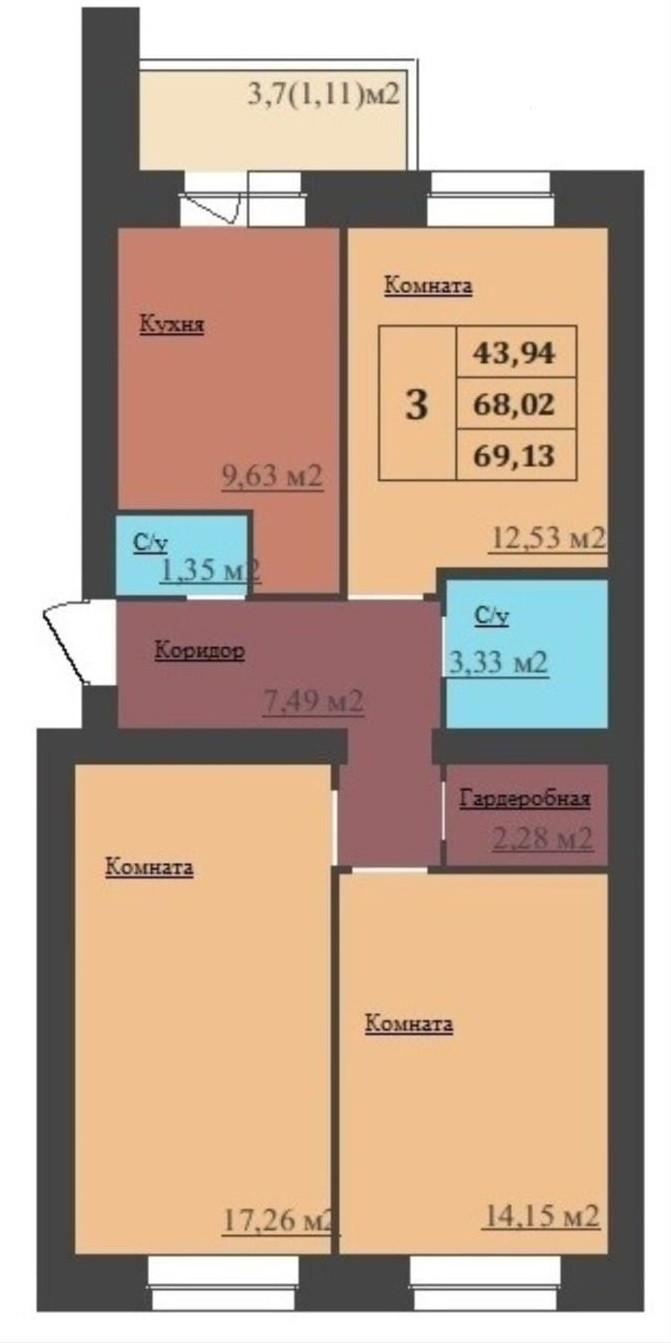 3-комнатная 68 м2 в ЖК undefined корпус null этаж 1