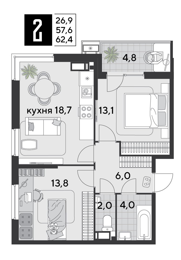 2-комнатная 62 м2 в ЖК Парк Победы 2 корпус null этаж 10