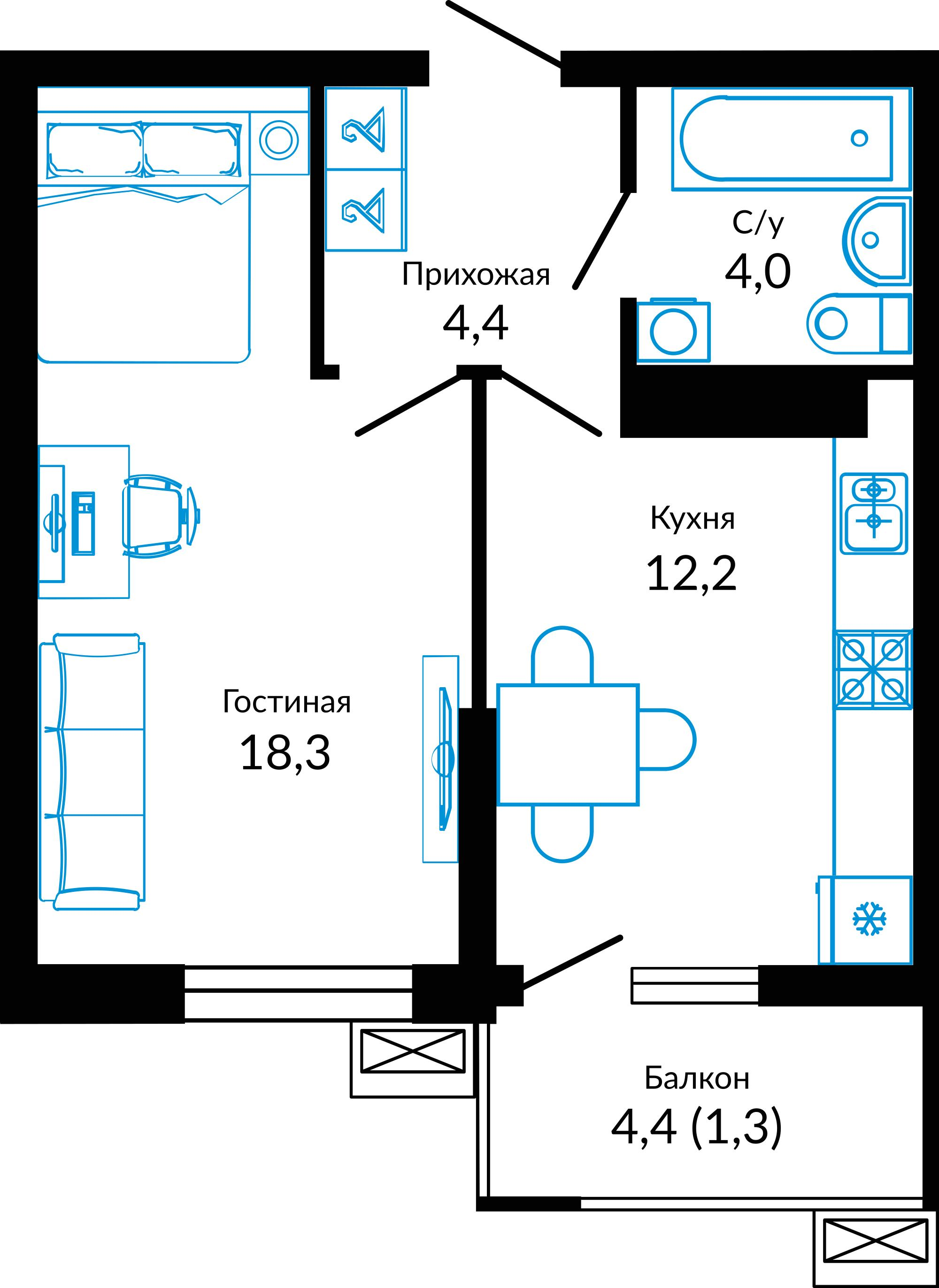 1-комнатная 41 м2 в ЖК Отражение корпус null этаж 15