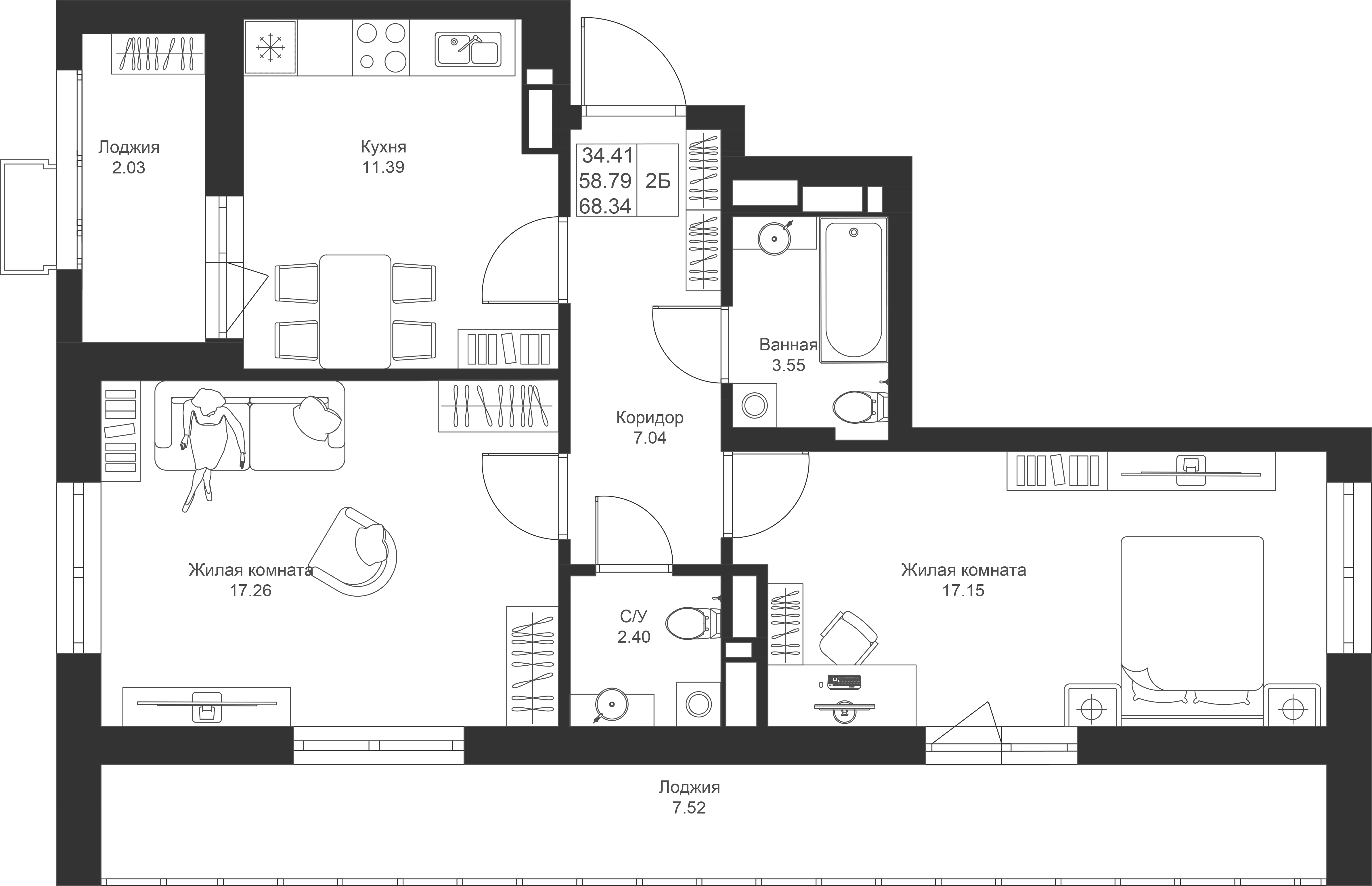 2-комнатная 68 м2 в ЖК Солнечный город корпус null этаж 3