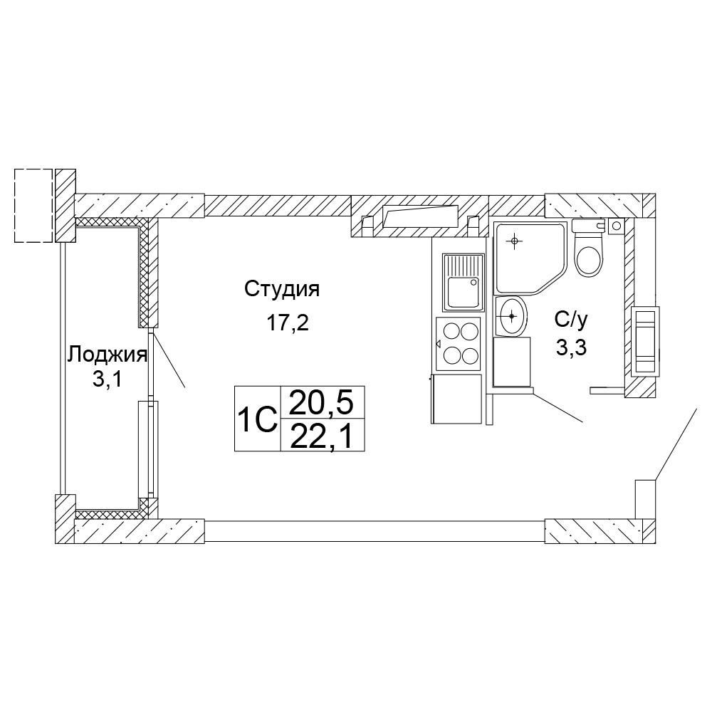 1-комнатная 22 м2 в ЖК Колизей корпус null этаж 14