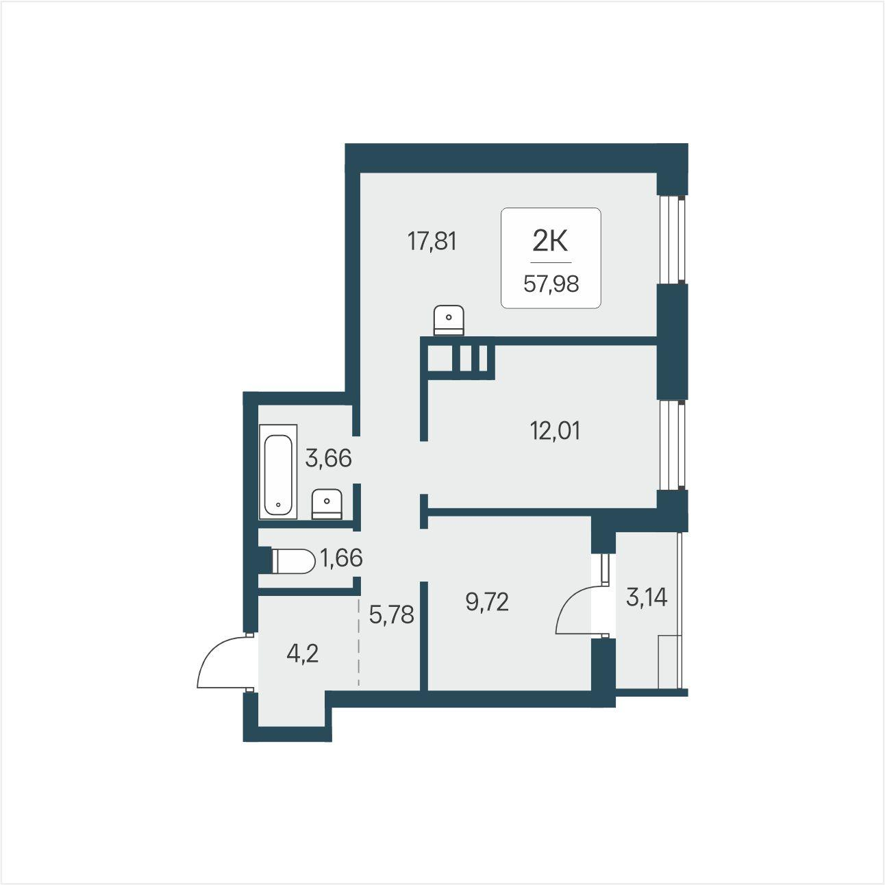 2-комнатная 57 м2 в ЖК Расцветай в Солнечном корпус null этаж 3