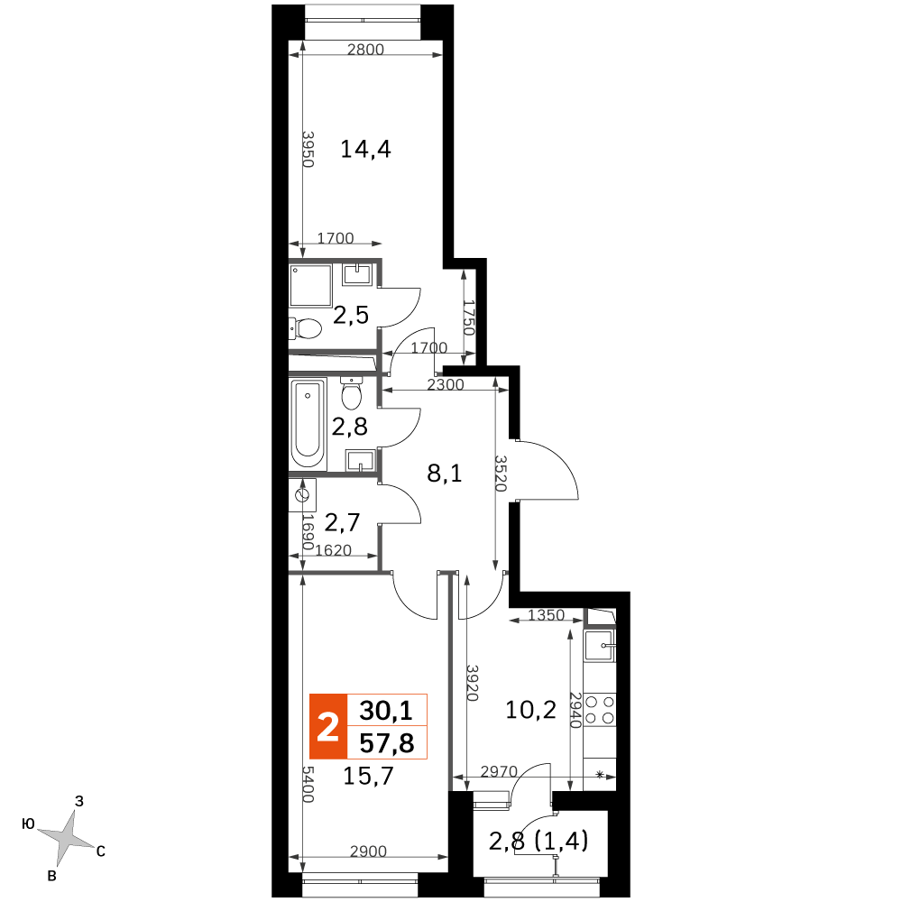 2-комнатная 57 м2 в ЖК Скай Гарден корпус null этаж 8