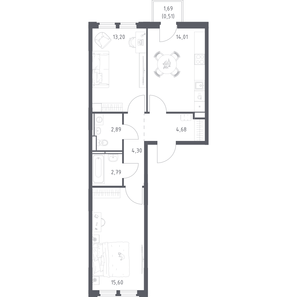 2-комнатная 57 м2 в ЖК Космический Квартал корпус null этаж 5
