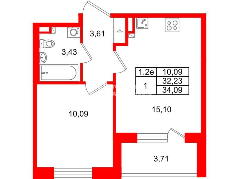 1-комнатная 32 м2 в ЖК Парадный ансамбль корпус null этаж 3