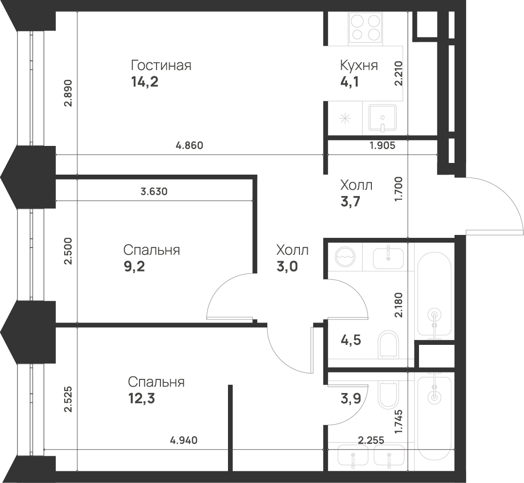 2-комнатная 54 м2 в ЖК Voice Towers корпус null этаж 35