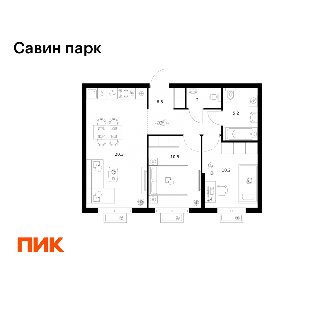 2-комнатная 55 м2 в ЖК Савин парк корпус null этаж 13