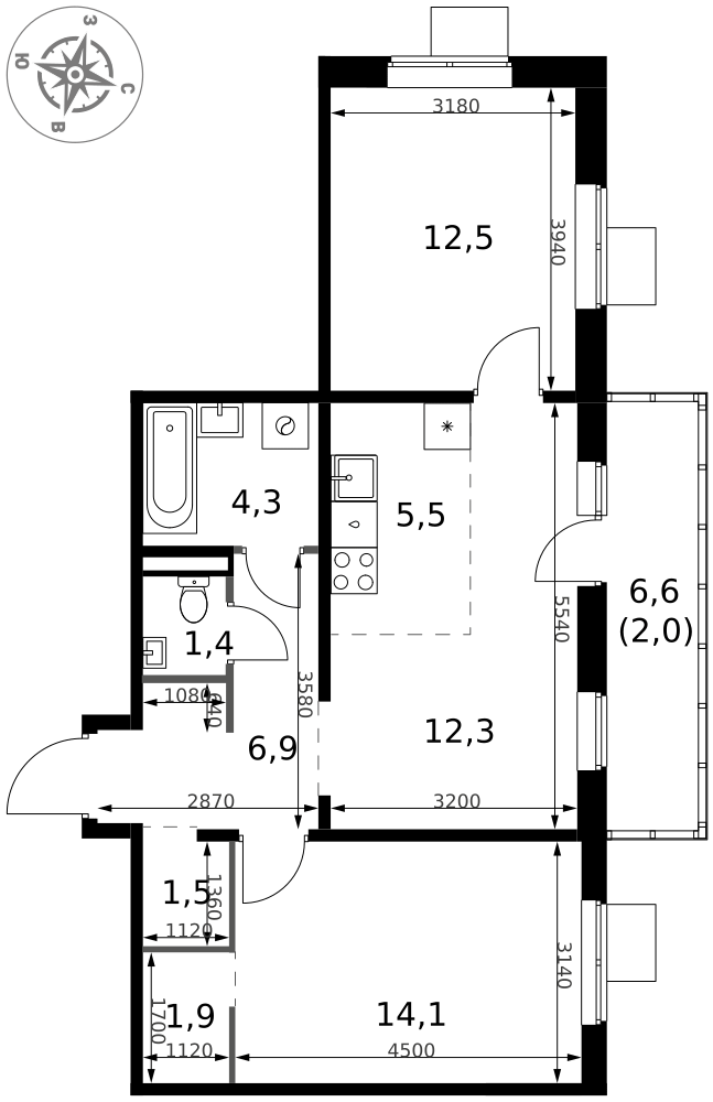 3-комнатная 62 м2 в ЖК 1-й Ясеневский корпус null этаж 13