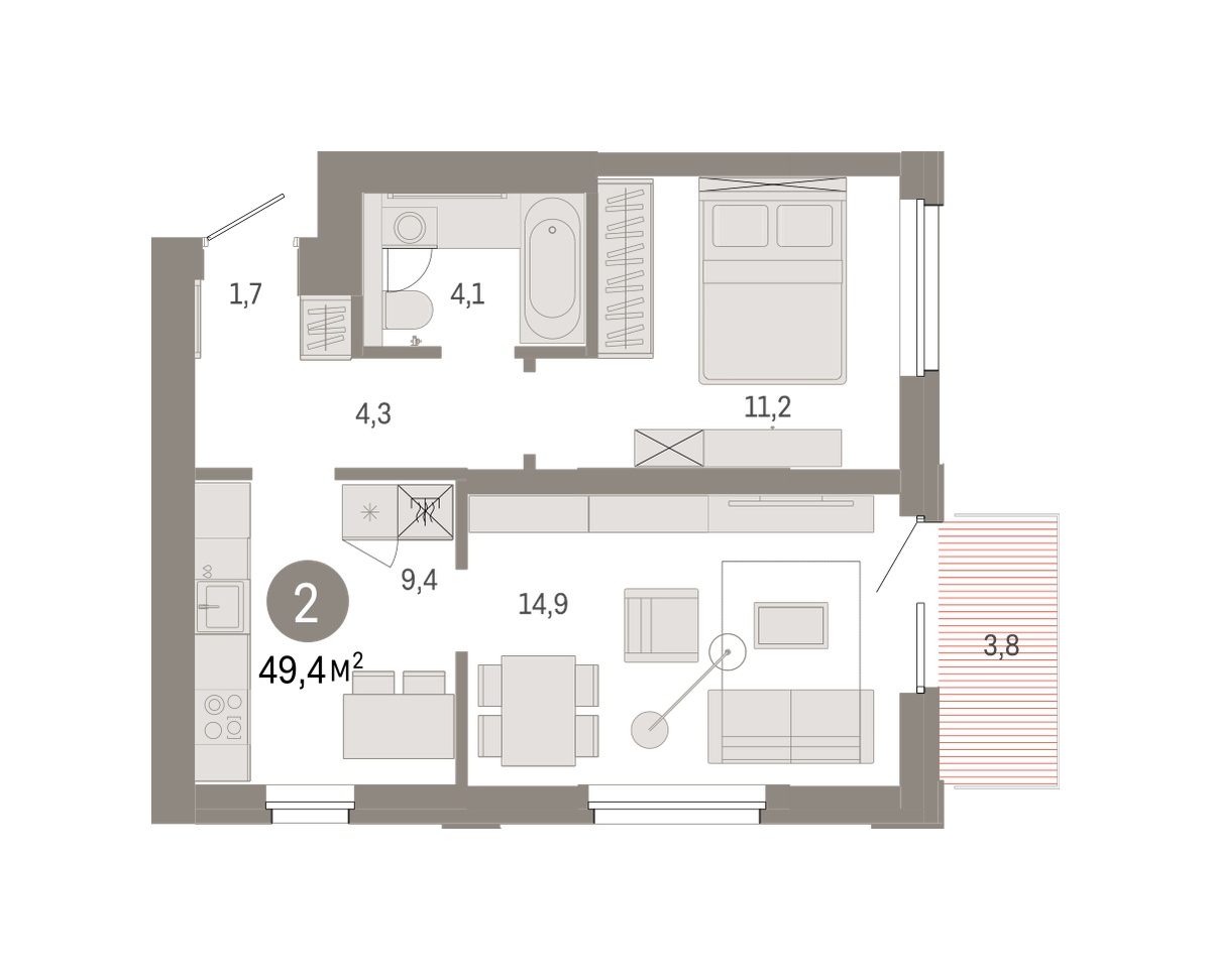2-комнатная 49 м2 в ЖК Город-на-озере корпус null этаж 8