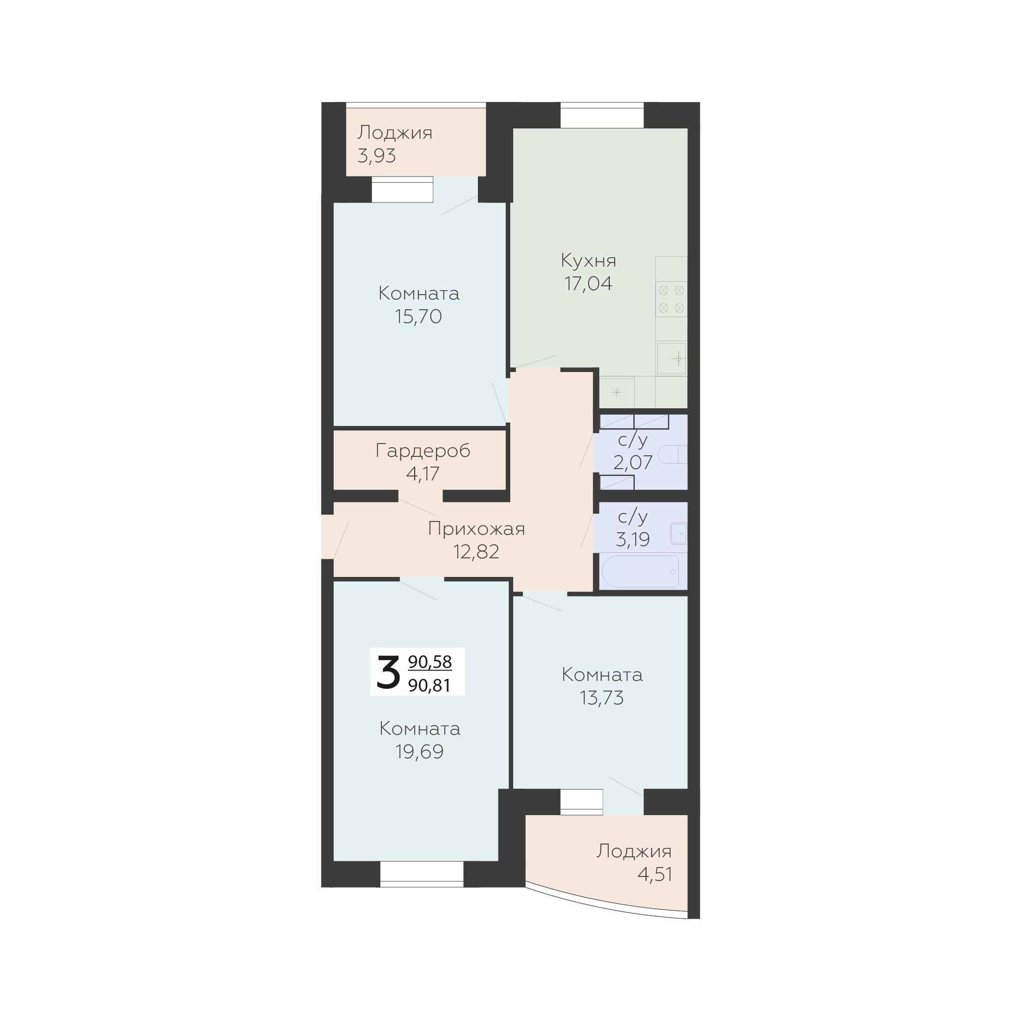 3-комнатная 90 м2 в ЖК Nova парк корпус null этаж 14