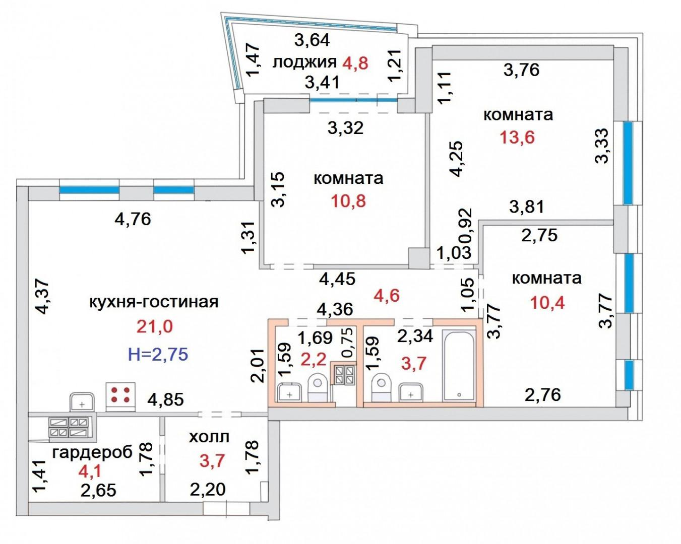 3-комнатная 78.9 м2 в ЖК undefined корпус null этаж 7
