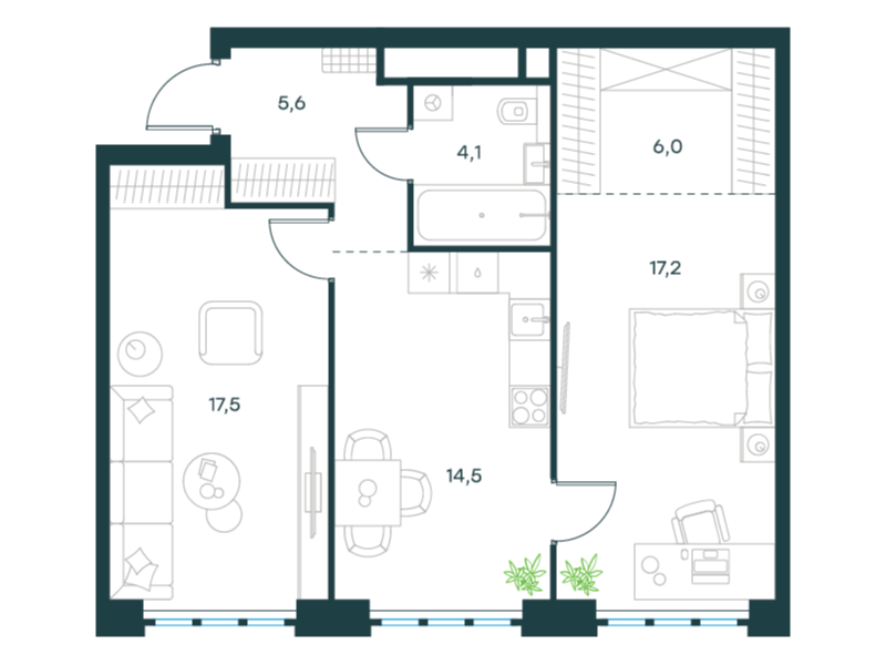 2-комнатная 64 м2 в ЖК Левел Южнопортовая корпус null этаж 49