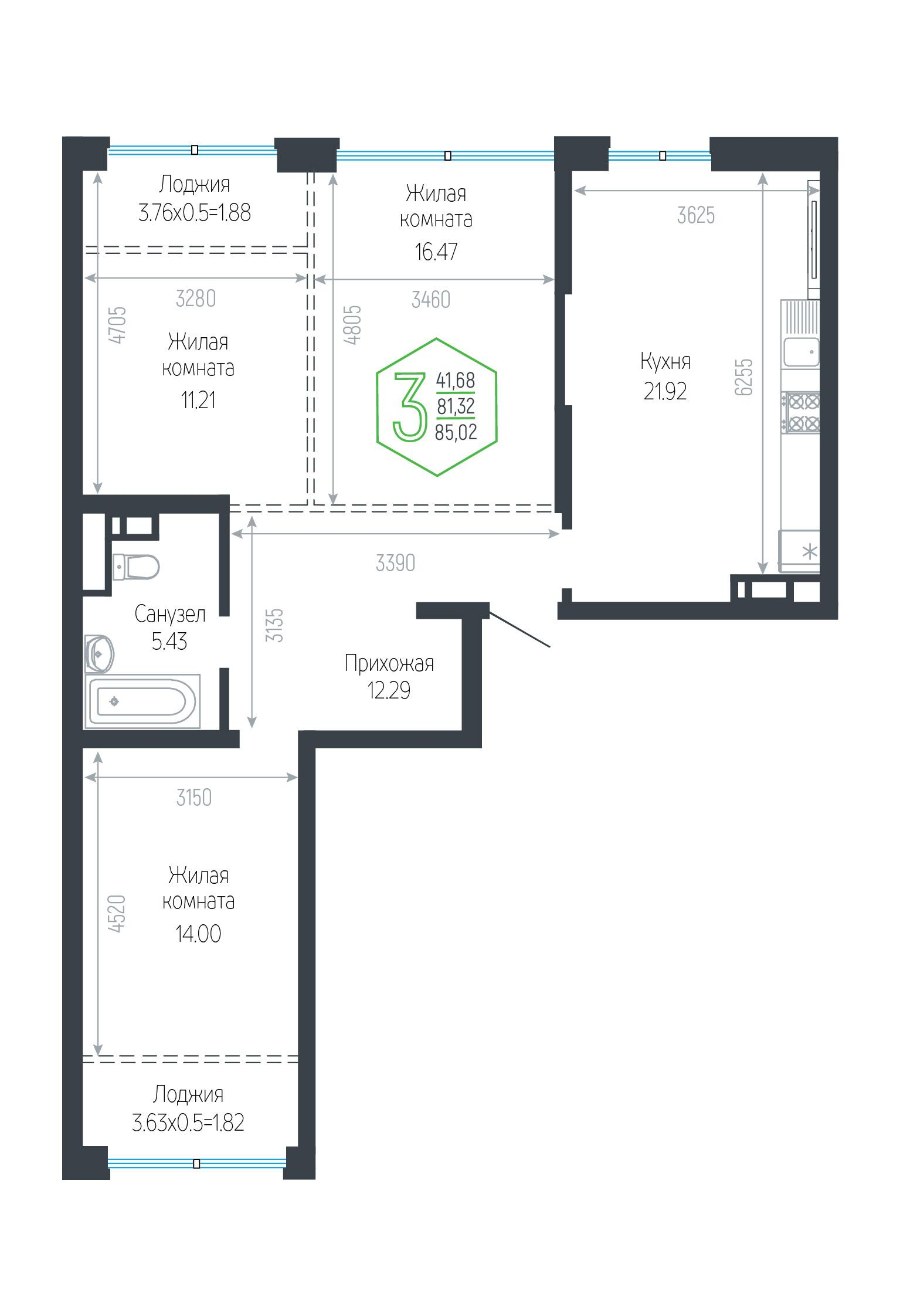 3-комнатная 85 м2 в ЖК Гарантия Прайм корпус null этаж 3