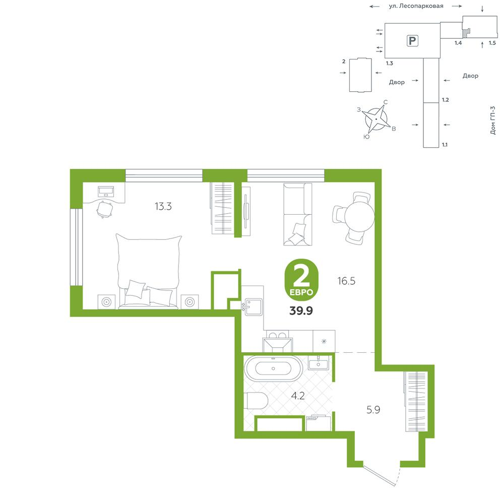 1-комнатная 39 м2 в ЖК Чистые пруды корпус null этаж 22