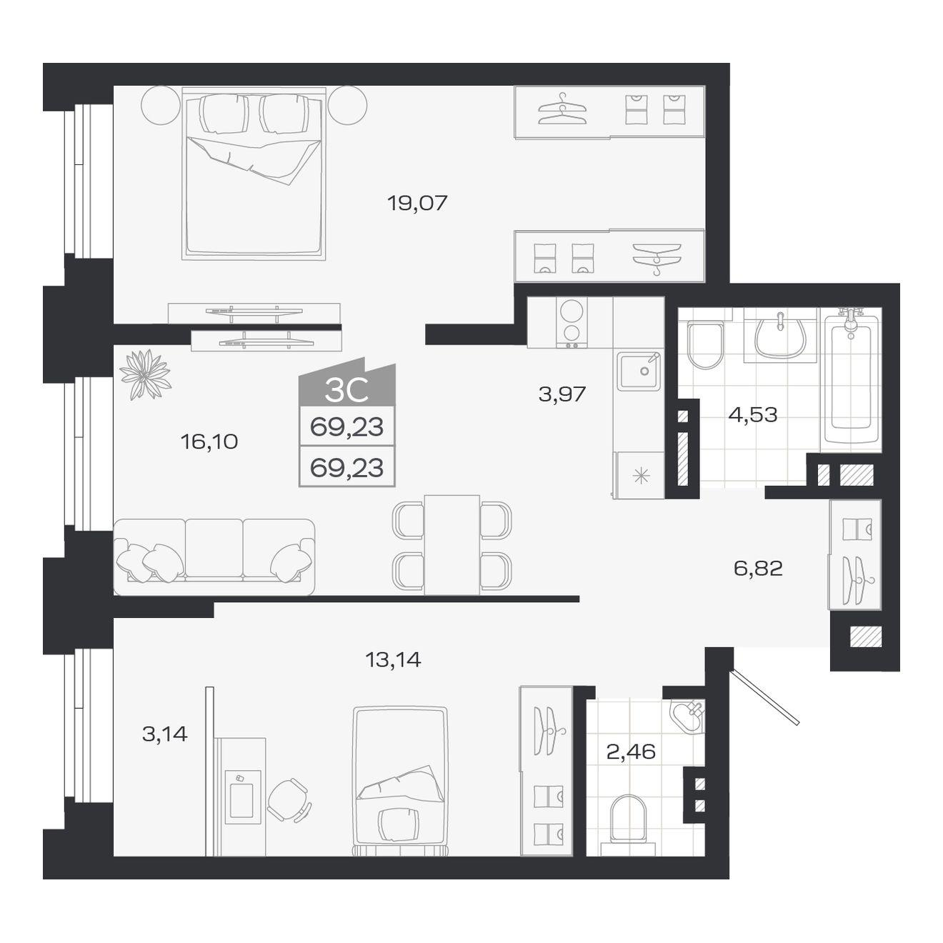 3-комнатная 69 м2 в ЖК Ясный берег корпус null этаж 3