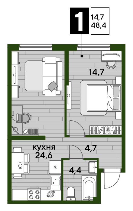 1-комнатная 48 м2 в ЖК Dogma Park корпус null этаж 2