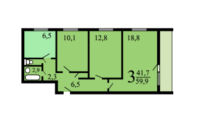 3-комнатная 59.9 м2 в ЖК undefined корпус null этаж 6