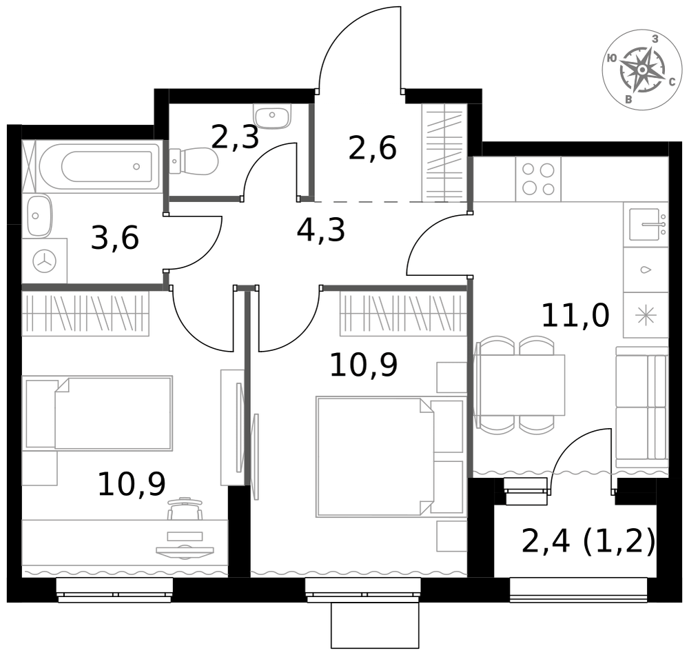 2-комнатная 46 м2 в ЖК 1-й Измайловский корпус null этаж 4