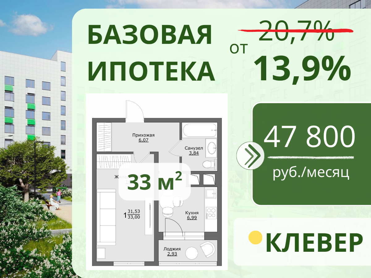 1-комнатная 33 м2 в ЖК Клевер корпус null этаж 8