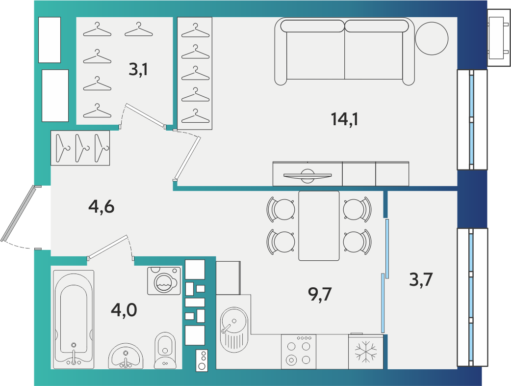 1-комнатная 39 м2 в ЖК Экополис корпус null этаж 12