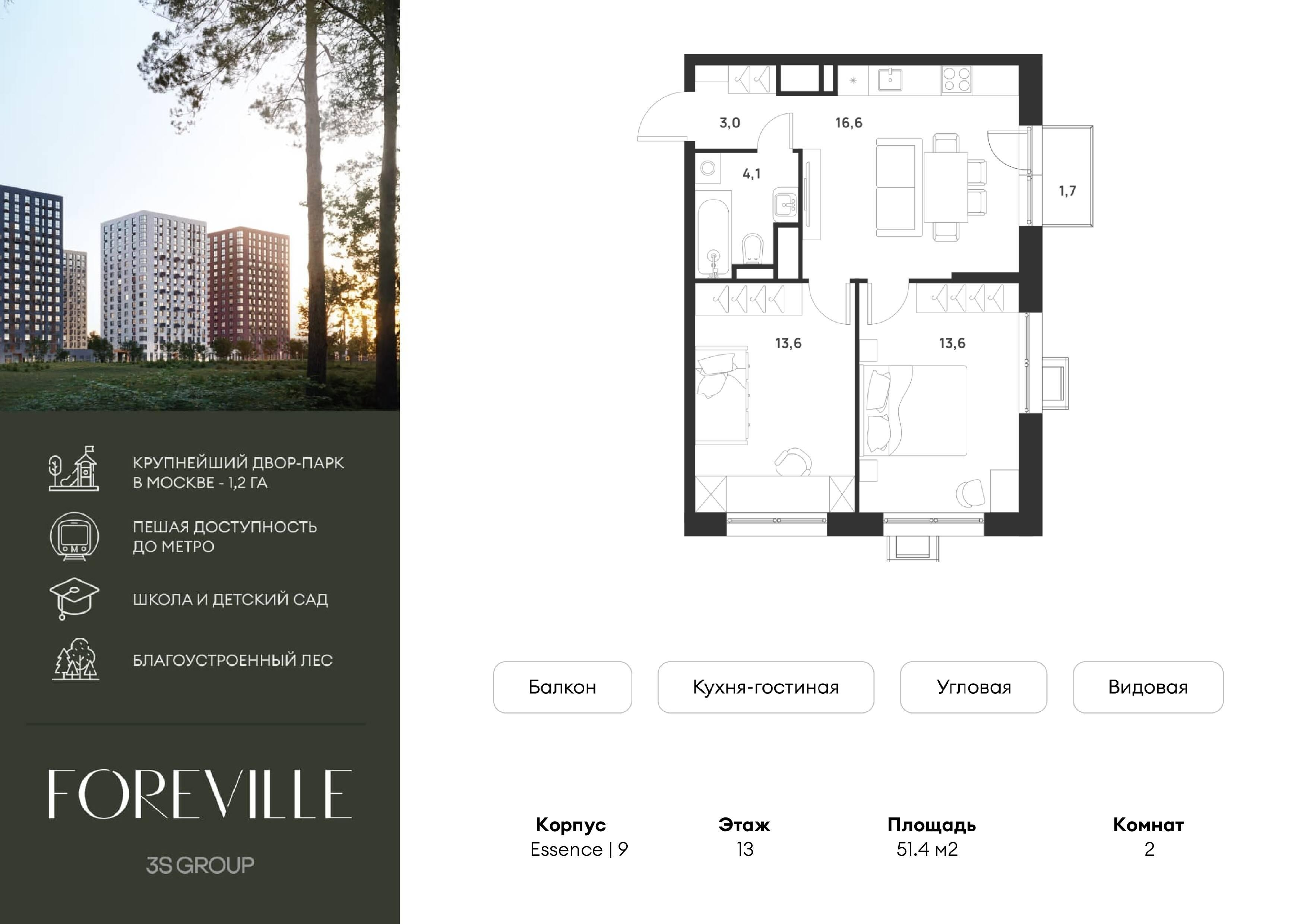 2-комнатная 51 м2 в ЖК Foreville корпус null этаж 13