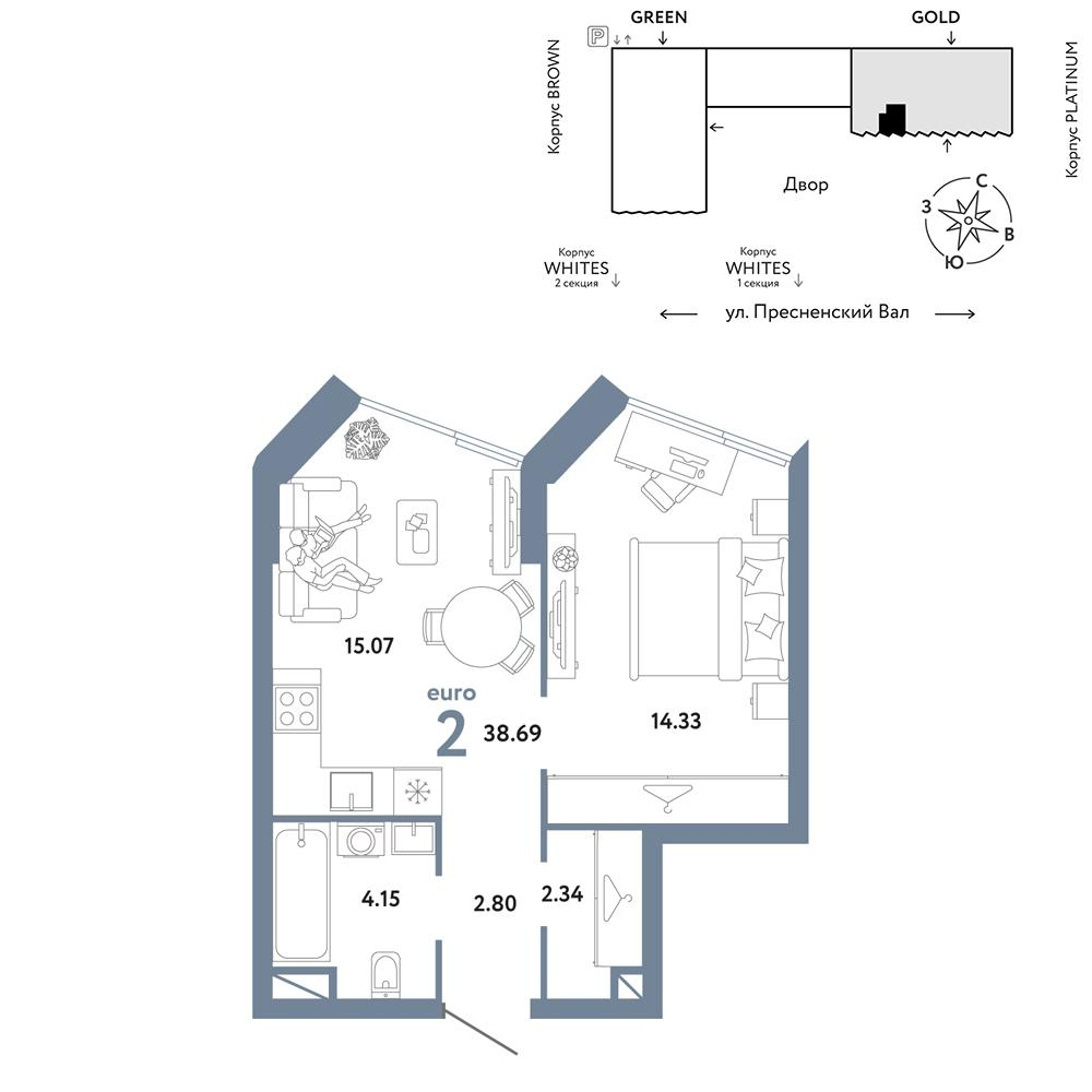 2-комнатная 38 м2 в ЖК Republic корпус null этаж 2