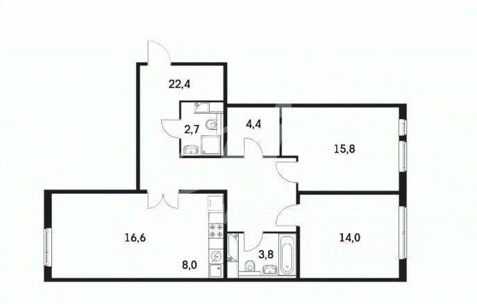 3-комнатная 87.8 м2 в ЖК undefined корпус null этаж 4