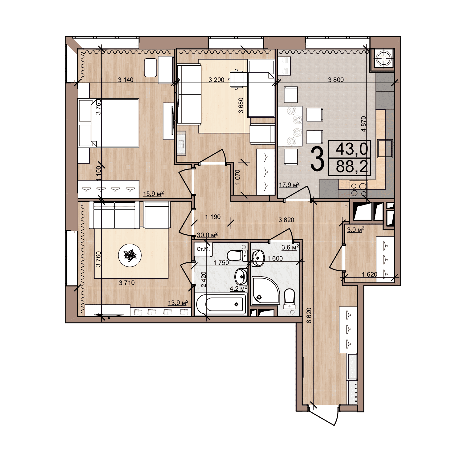 3-комнатная 88 м2 в ЖК Дискавери корпус null этаж 13