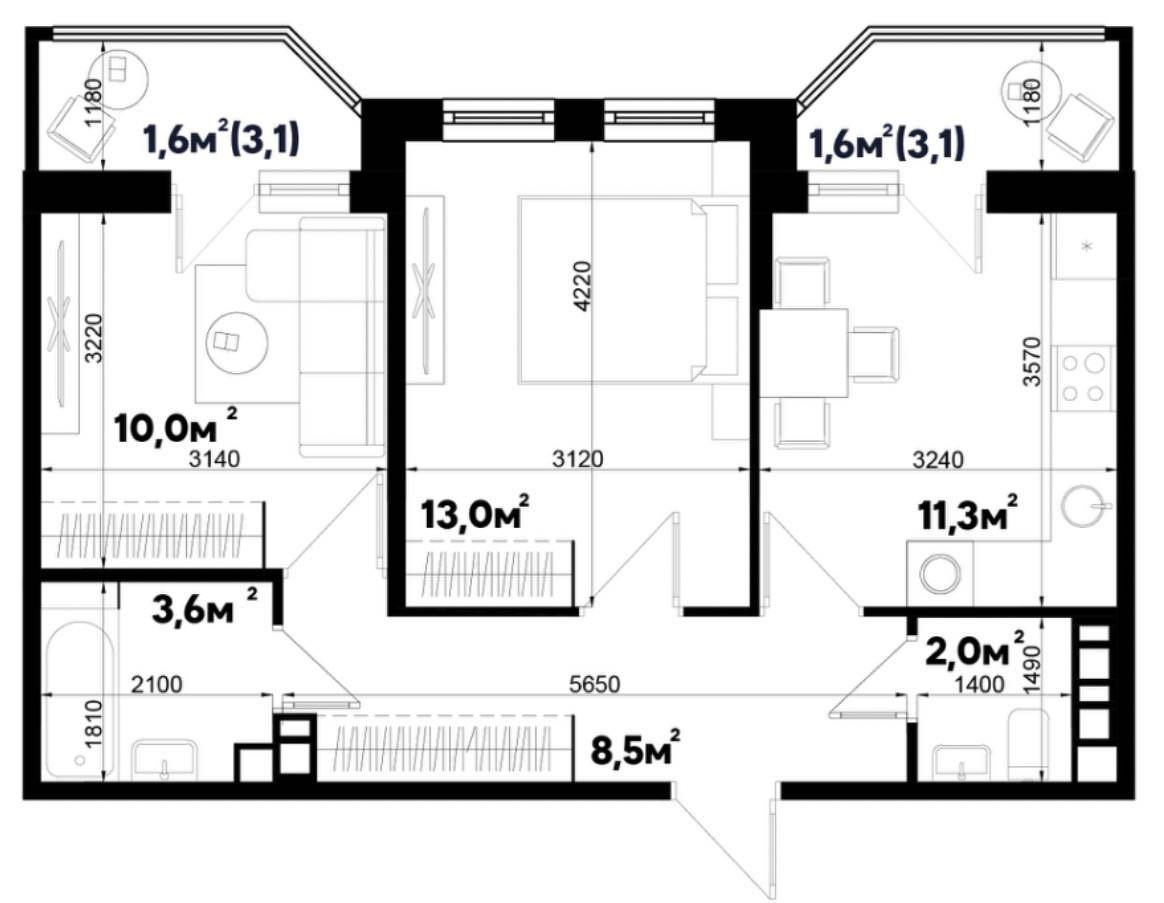 2-комнатная 47.9 м2 в ЖК undefined корпус null этаж 9