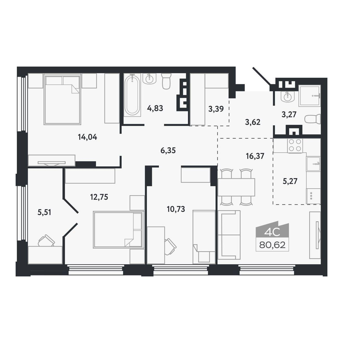 4-комнатная 80 м2 в ЖК Квартал 1604 корпус null этаж 3