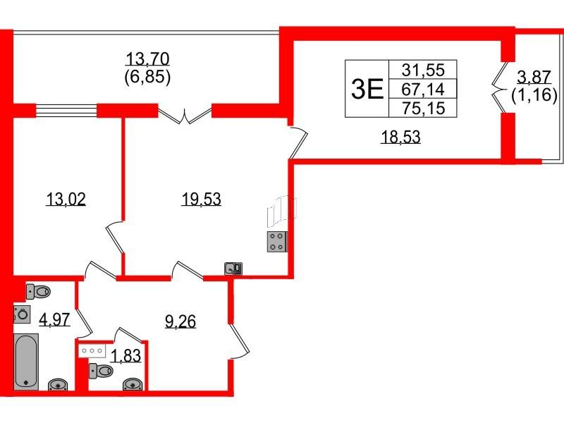 2-комнатная 75 м2 в ЖК Сертолово Парк корпус null этаж 7