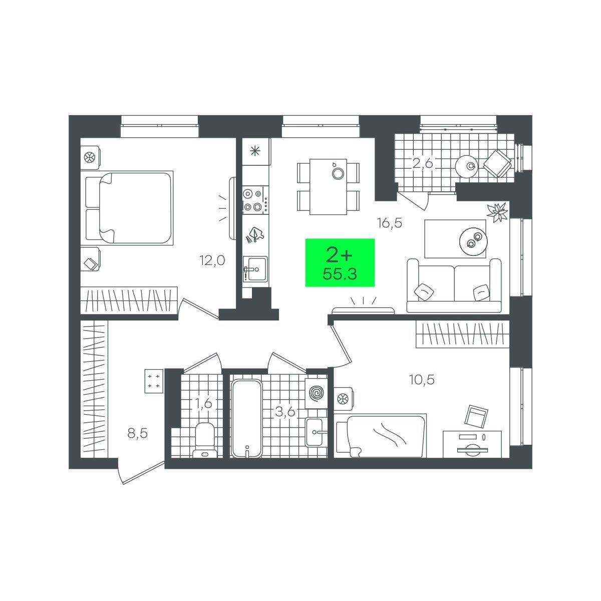 2-комнатная 55 м2 в ЖК Сезоны корпус null этаж 13