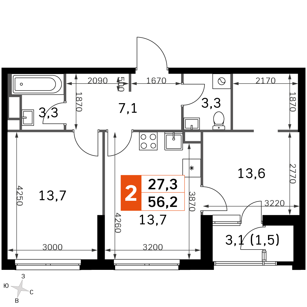 2-комнатная 54 м2 в ЖК Скай Гарден корпус null этаж 19