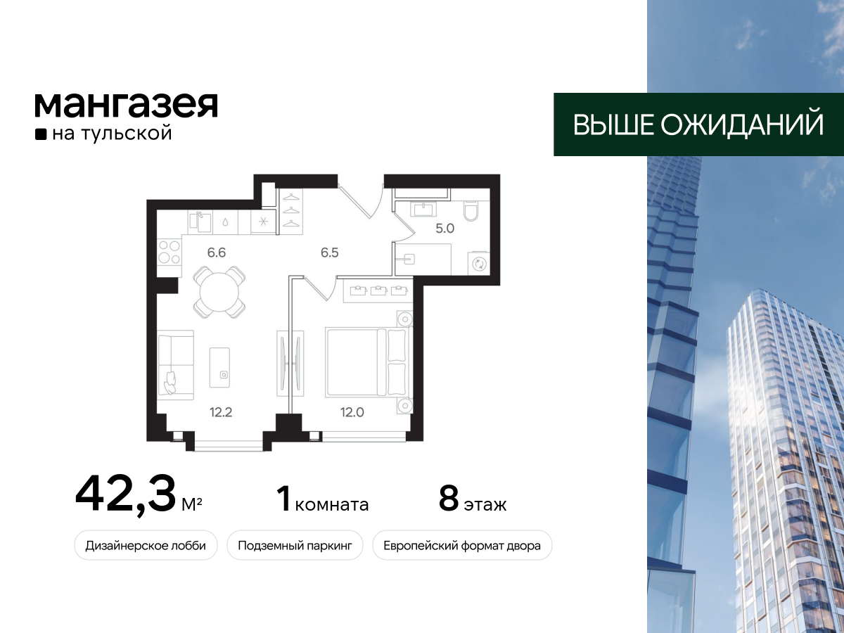 1-комнатная 42 м2 в ЖК Мангазея на Тульской корпус null этаж 8