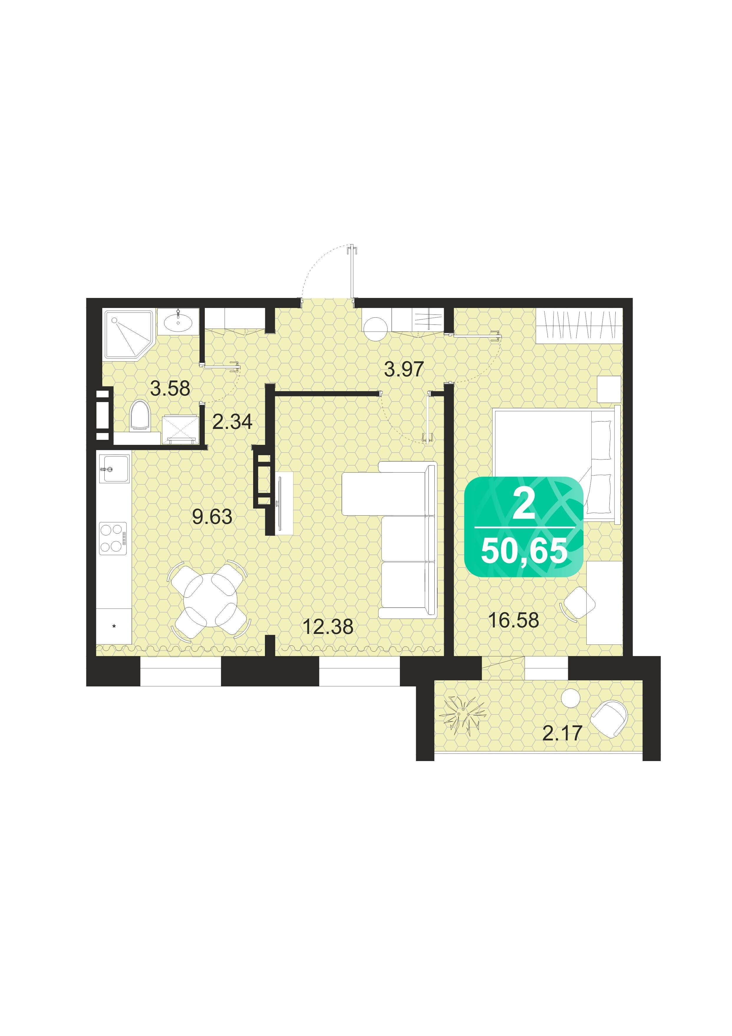 2-комнатная 50 м2 в ЖК Серебряный бор корпус null этаж 9