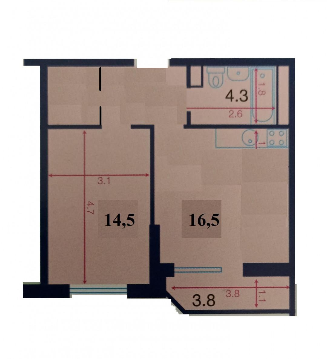 1-комнатная 42.9 м2 в ЖК undefined корпус null этаж 15