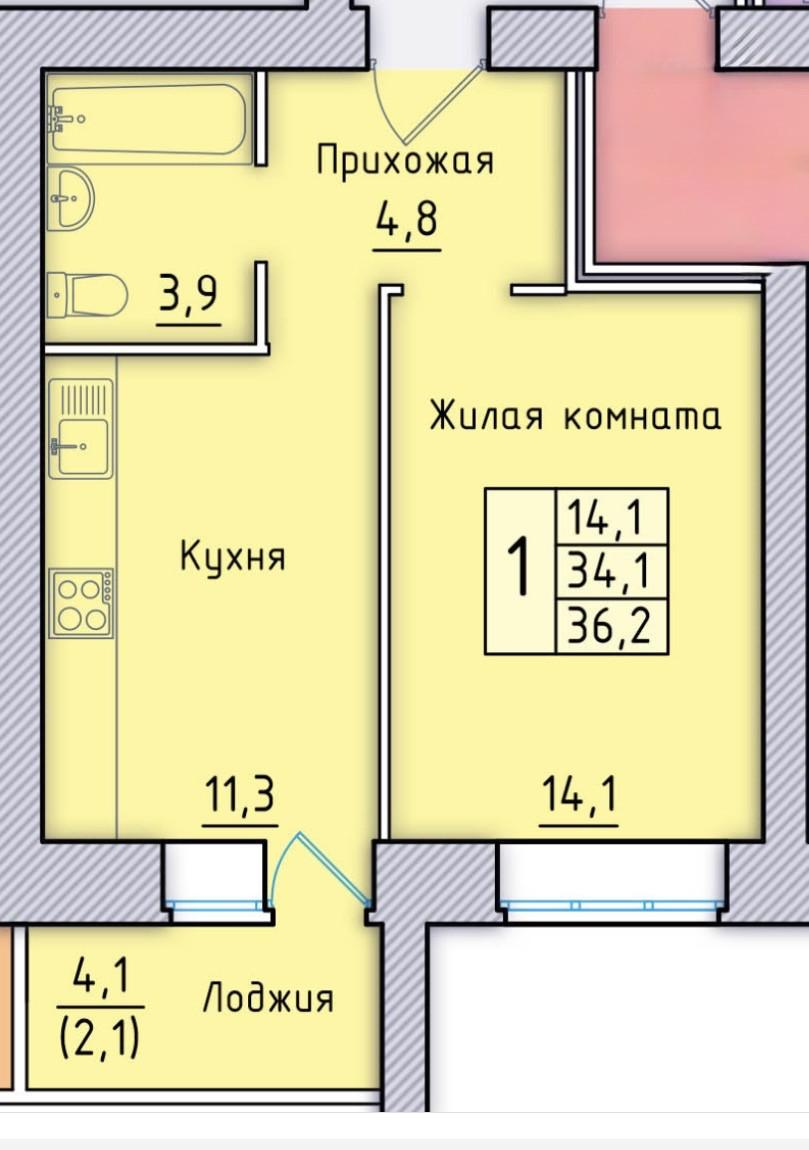 1-комнатная 36 м2 в ЖК undefined корпус null этаж 6