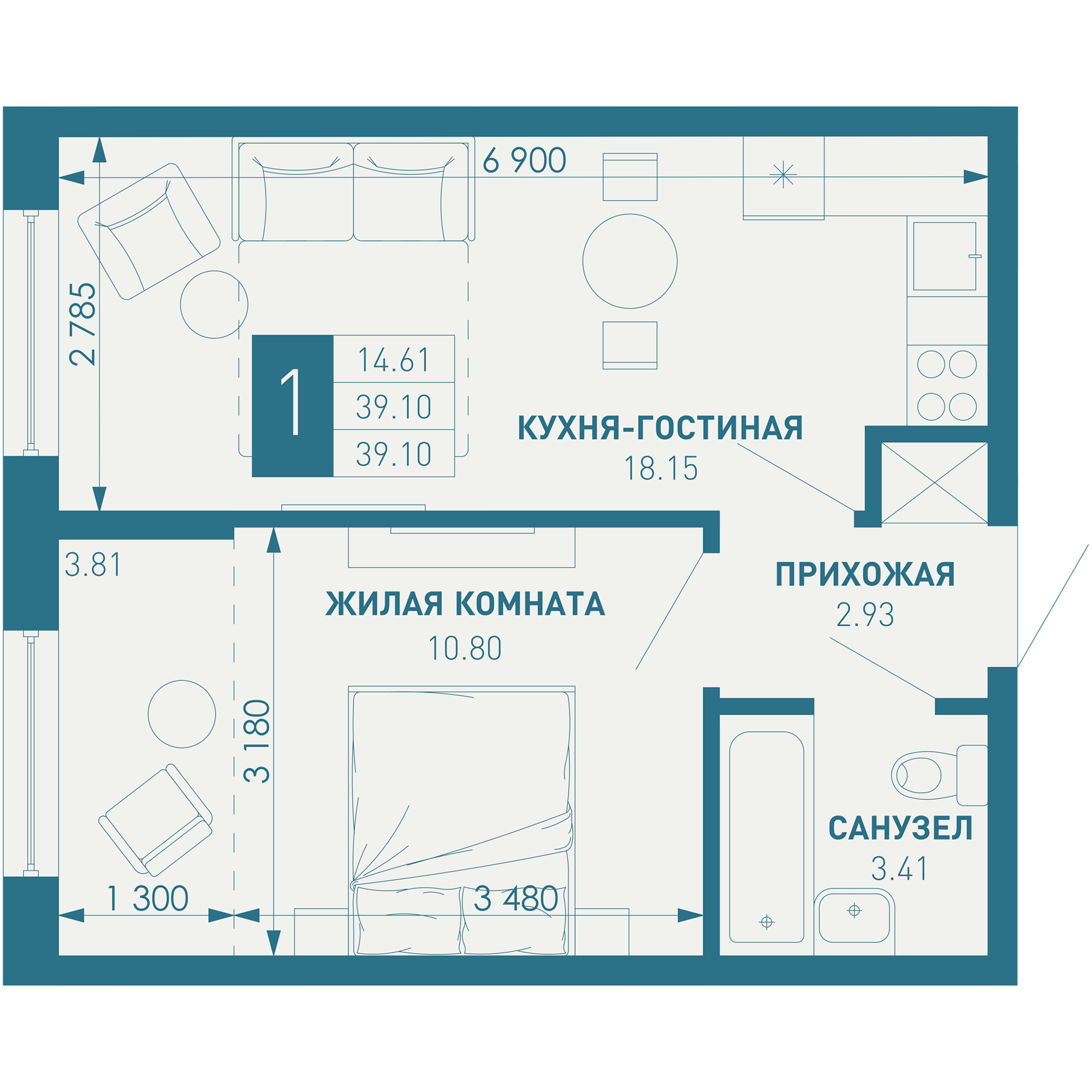 1-комнатная 40 м2 в ЖК ИНАЧЕ в Молодежном корпус null этаж 2