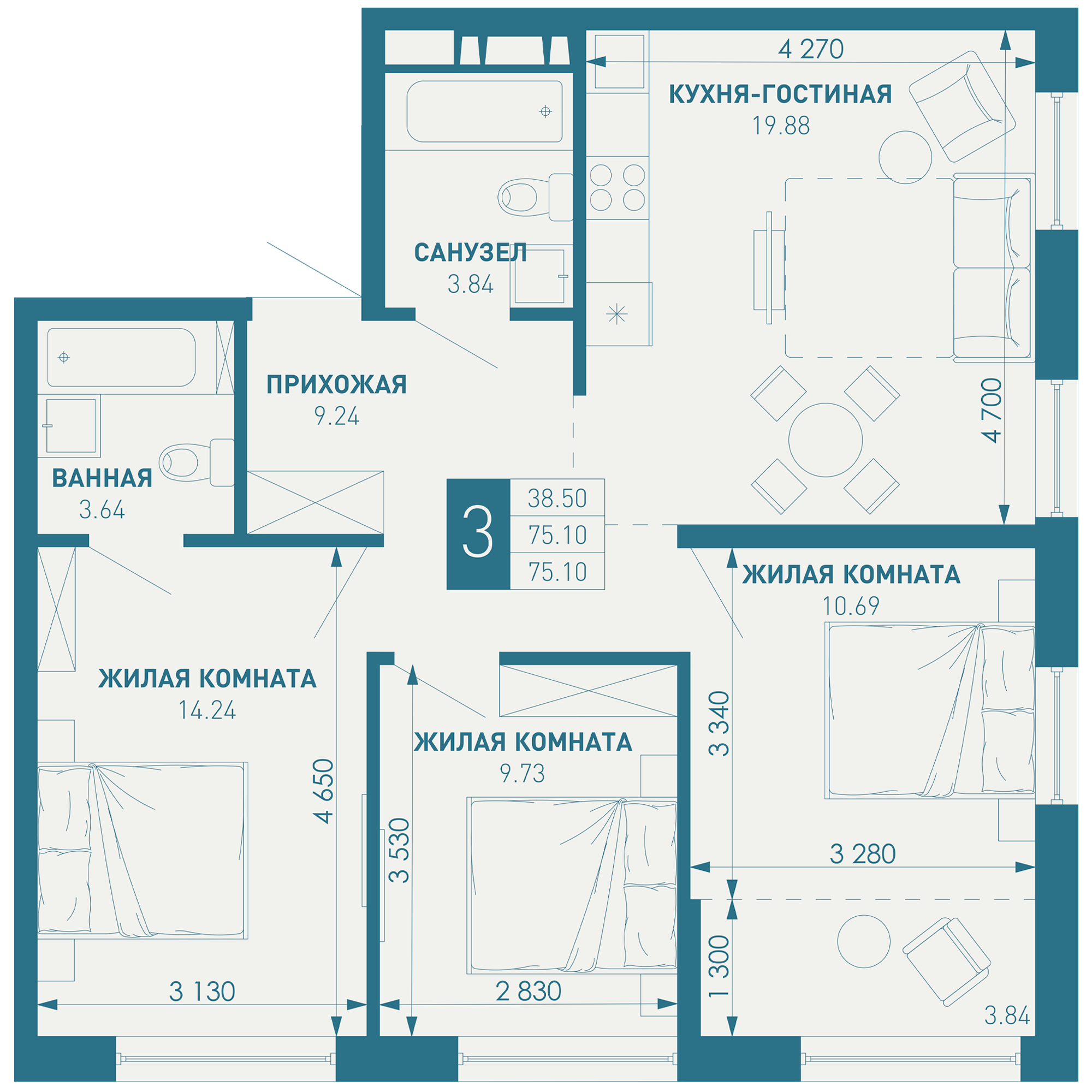 3-комнатная 77 м2 в ЖК ИНАЧЕ в Молодежном корпус null этаж 6