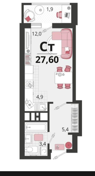 Студия 27.6 м2 в ЖК undefined корпус null этаж 16